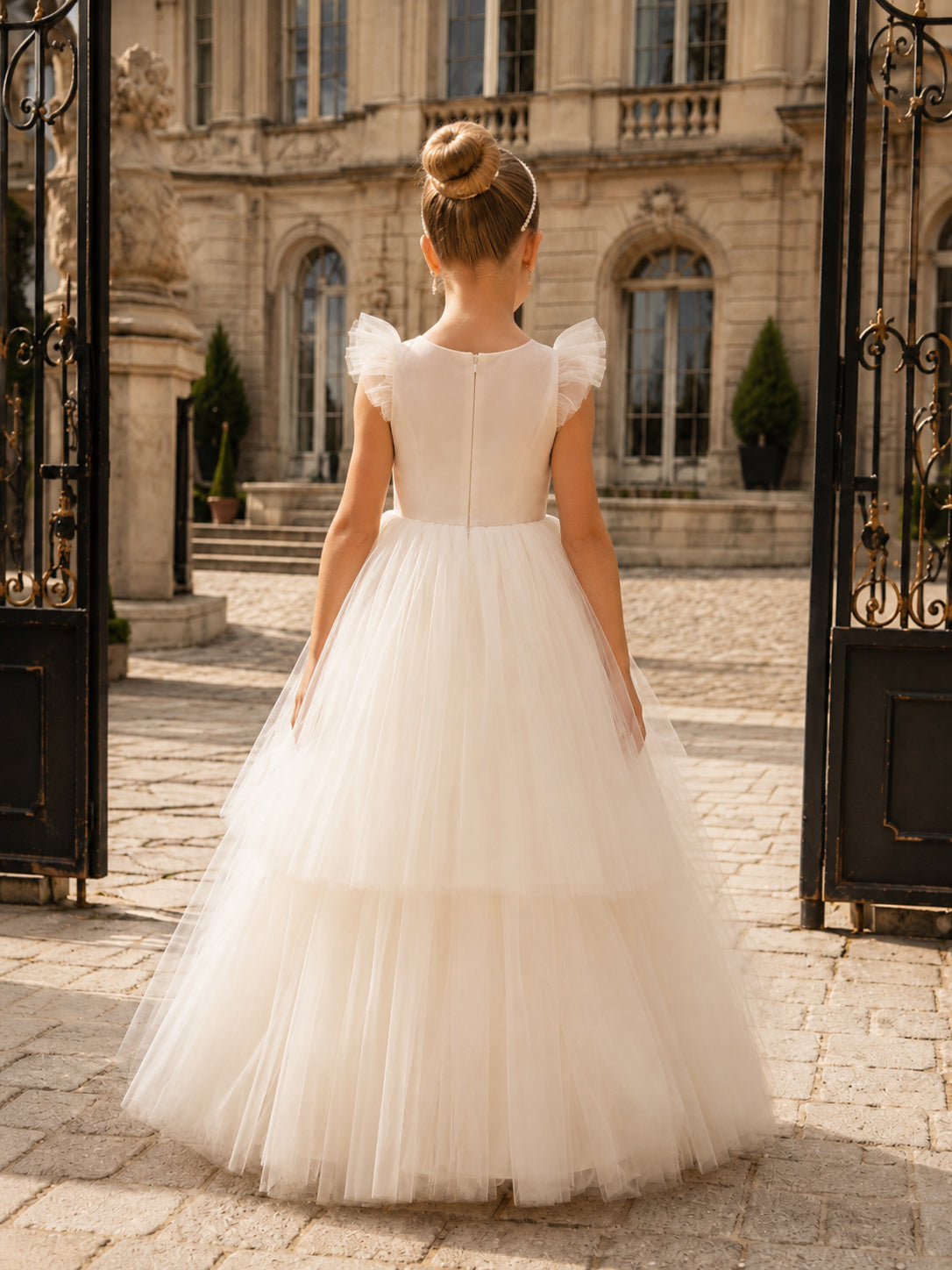 Tulle Flower Waist A-Line Flower Girl Dress with Short Sleeves, Jewel Neck and Floor-Length Skirt back view