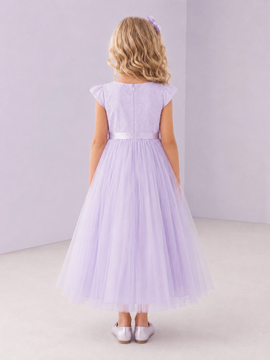 Lavender Tulle A-Line Flower Girl Dress with Cap Short Sleeve, jewel Neckline, and Tea length Skirt with Soft Pleating back v