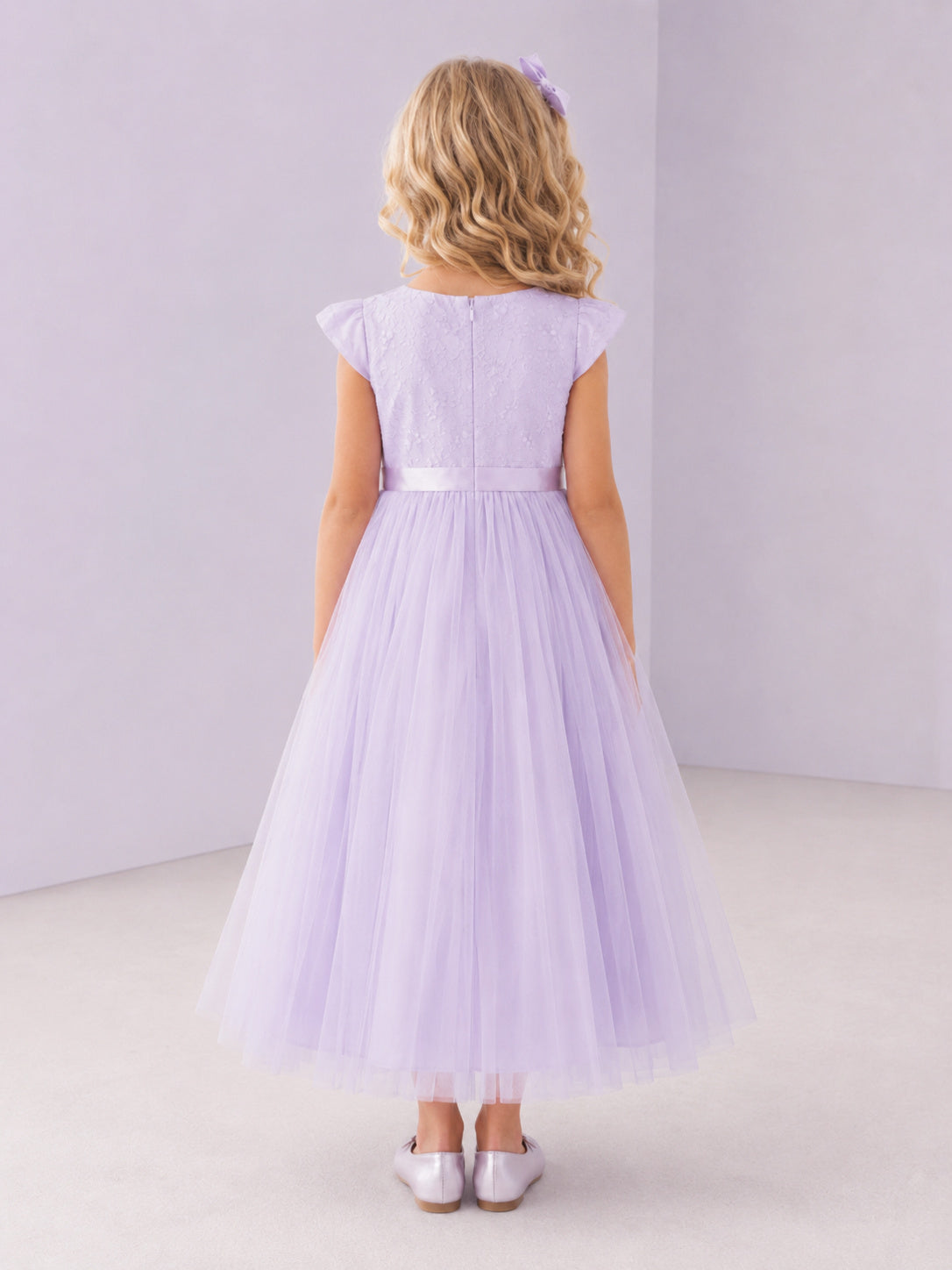 Lavender Tulle A-Line Flower Girl Dress with Cap Short Sleeve, jewel Neckline, and Tea length Skirt with Soft Pleating back v
