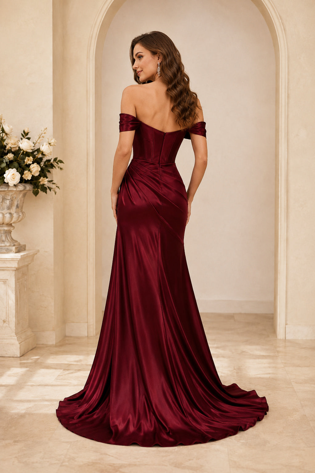 Burgundy Off The Shoulder Sweetheart Satin Mermaid Gown With Thigh Slit And Sweep Train Prom Dress back view