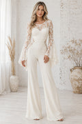 Ivory Illusion Jewel Neck Bell Sleeve Lace Satin Floor-Length Bridal Jumpsuit with Bell Lace Sleeves and Wide Leg Pants front