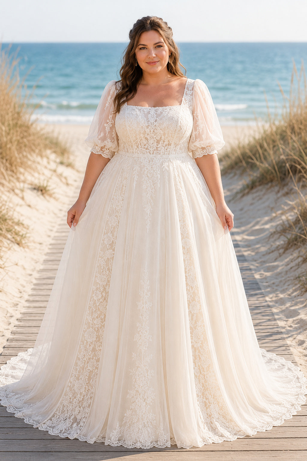Plus Size Ivory Square Neck Puff Sleeve Lace Tulle A-Line Wedding Dress with Puff Sleeves and Lace Sweep Train front view