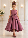 Flower Girl Dress Dusty Rose Satin A-Line Jewel Neck Tea Length Bow Detail front view