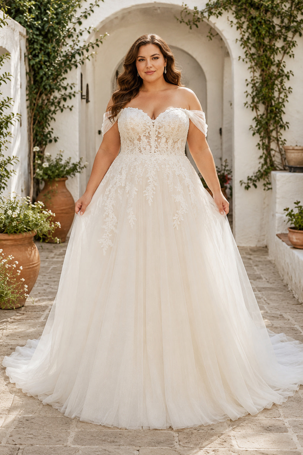 Plus Size Ivory Off-the-Shoulder Sweetheart Flutter Sleeve Lace Tulle A-Line Wedding Dress with Flutter Sleeves and Full Tull