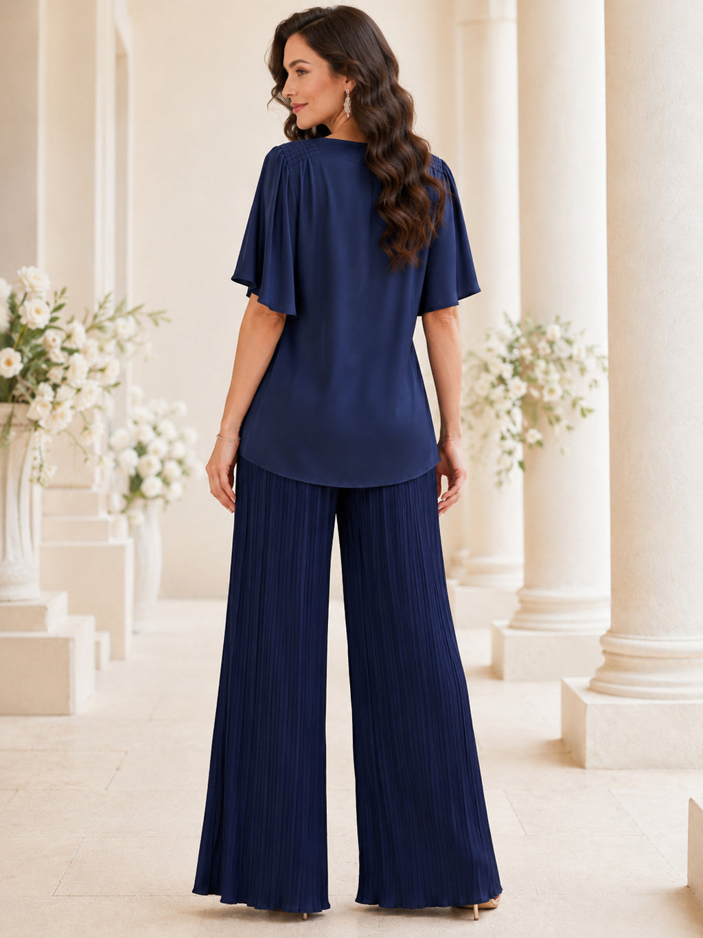 Dark Navy Cowl Neck Short Flutter Sleeve Pleated Chiffon Two Piece Wide Leg Guest Pantsuit back view