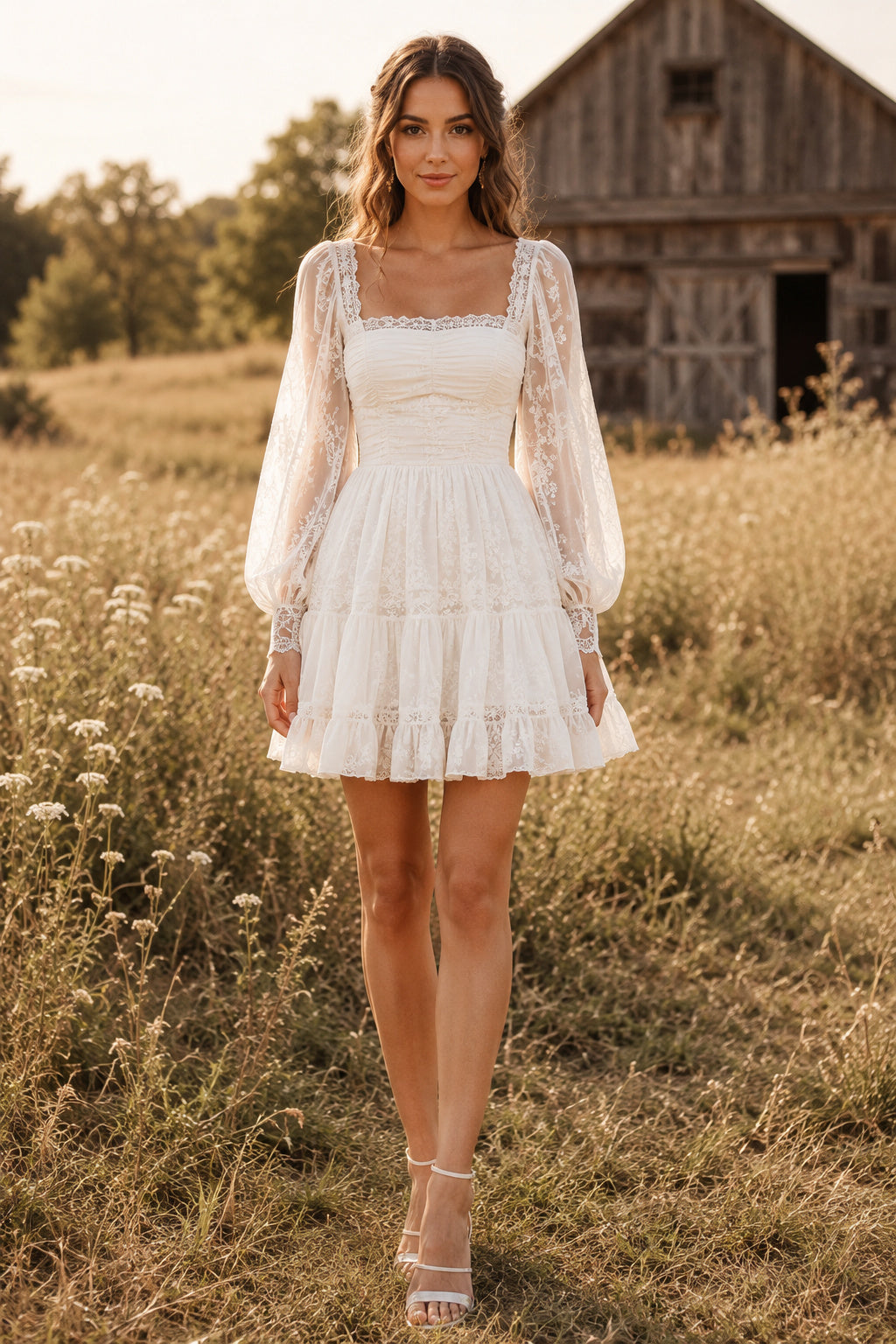Ivory Square Neck Long Sleeve Tiered Mini Wedding Dress with Lace Trim for Country Reception front view