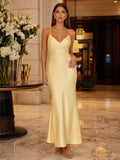 Butter Yellow Sweetheart Satin Floor Length Lace Up Back Slip Dress front view