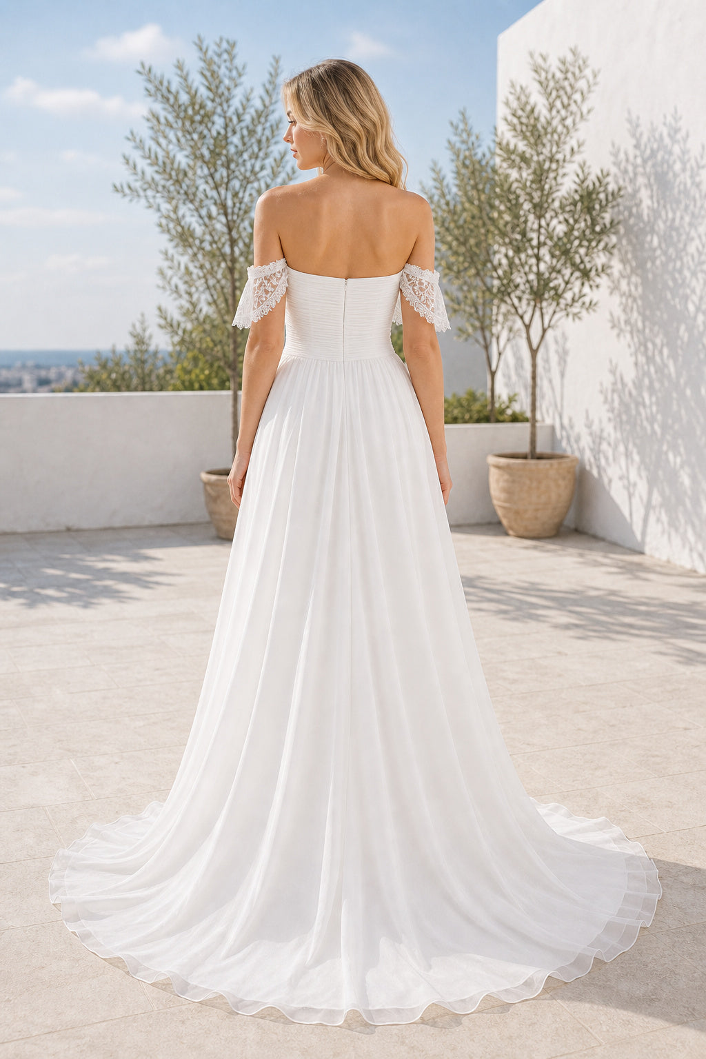 White Off-the-shoulder Off-the-shoulder A-Line Chiffon Floor-length Wedding Dress With Pleats and Train