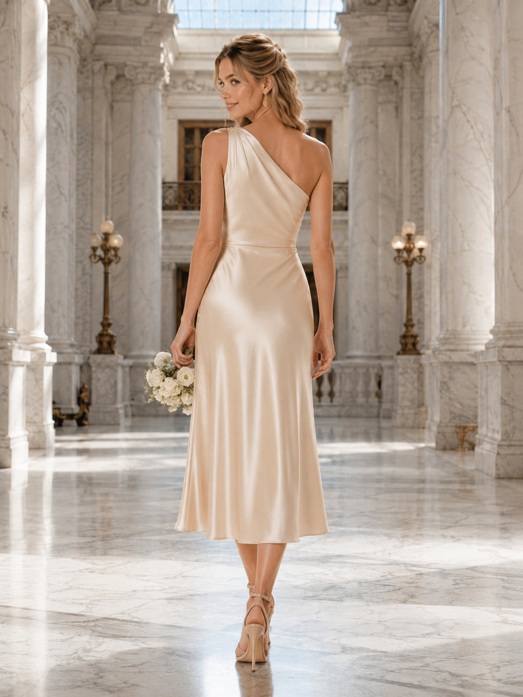 Champagne Courthouse One-Shoulder Draped Satin Midi Bridal Dress back view