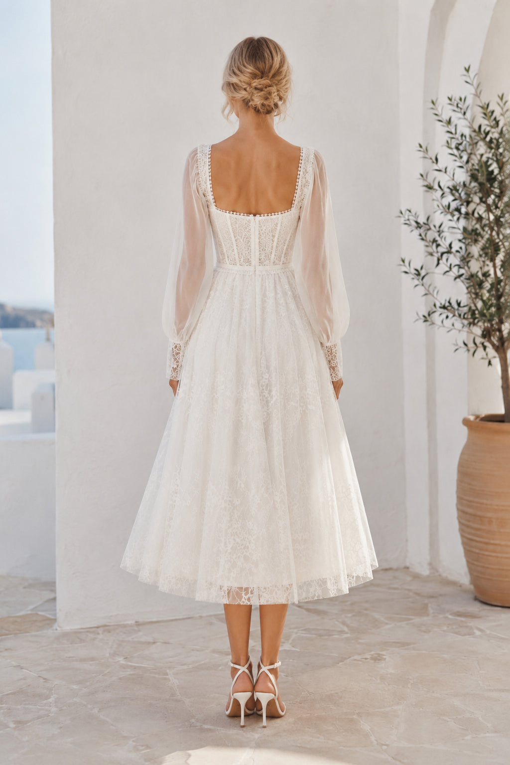 Ivory Square Neck Long Puff Sleeve Tea Length Wedding Dress for Wedding Reception and Party back view