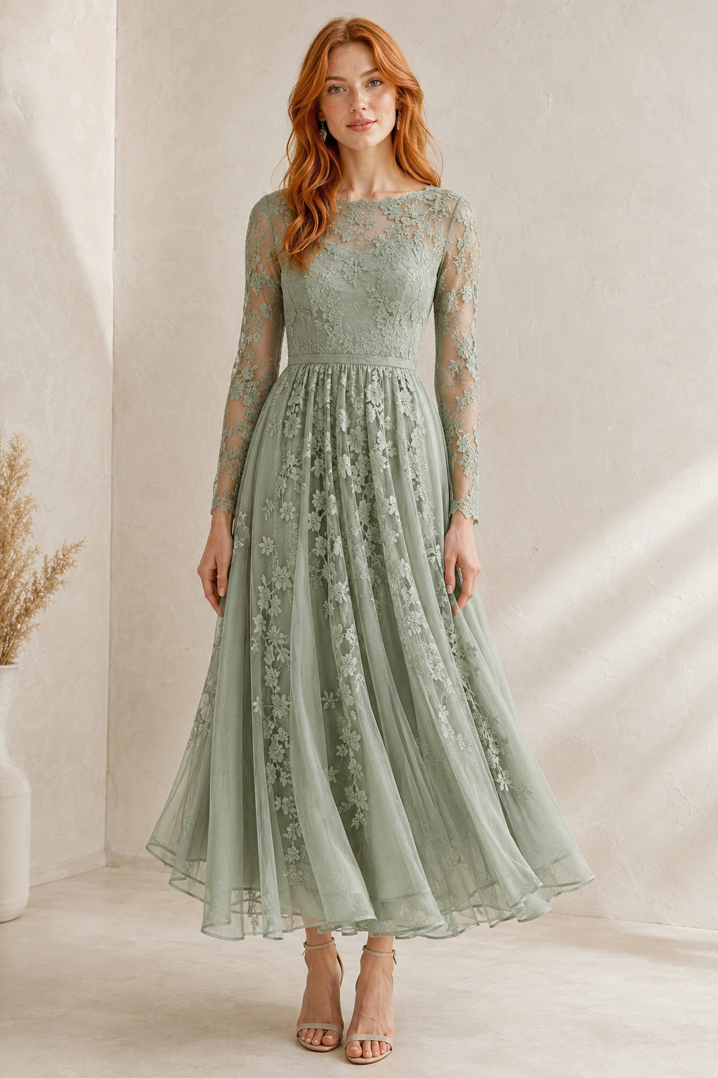 Sage Long Sleeve Lace Tea-Length Dress with A-Line Skirt front view