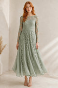 Sage Long Sleeve Lace Tea-Length Dress with A-Line Skirt front view
