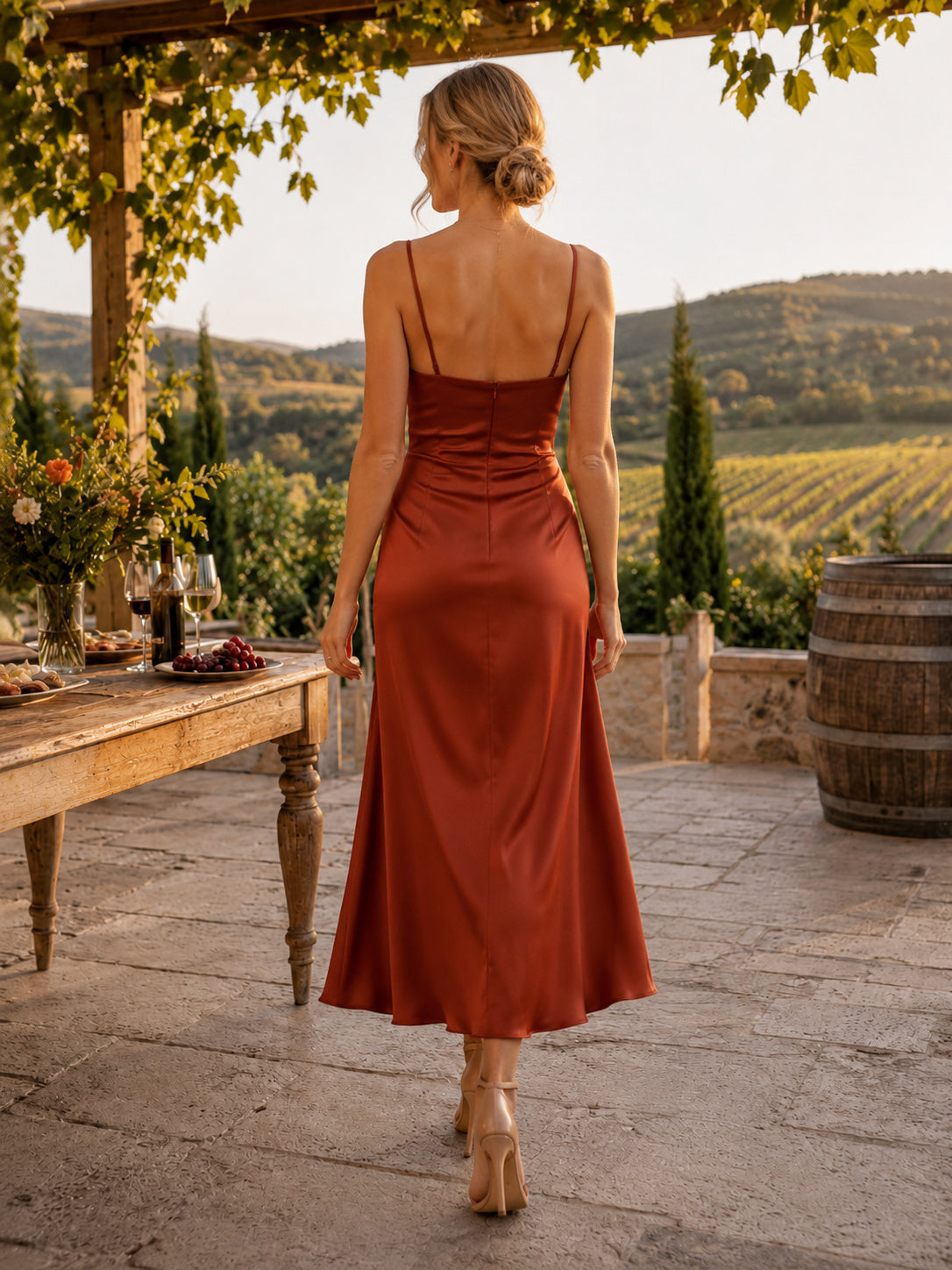 Papaya Rustic Vineyard Wedding Guest Bridesmaid Cocktail Formal Dress Sheath Tea-Length Spaghetti Strap Square Neck Sleeveles