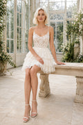 Ivory Spaghetti Sweetheart Lace Tiered Mini Reception Dress for Wedding Reception and Party front view
