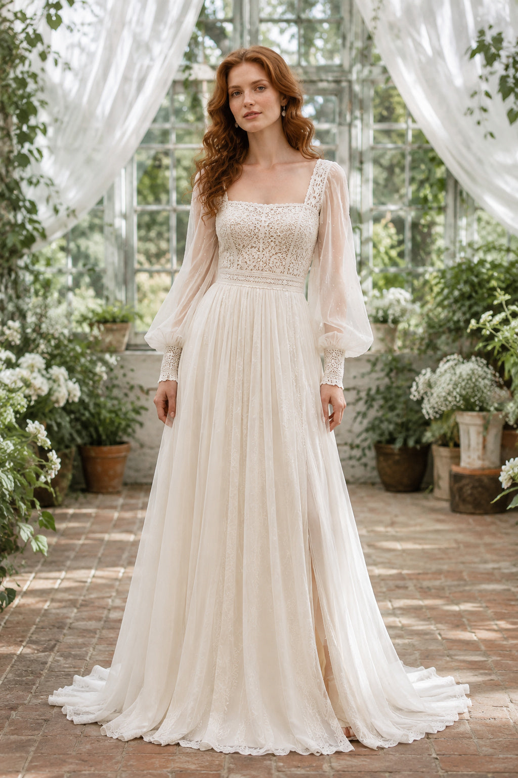 Ivory Square Neck Long Puff Sleeve Chiffon A-Line Wedding Dress with Train front view