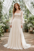 Ivory Square Neck Long Puff Sleeve Chiffon A-Line Wedding Dress with Train front view