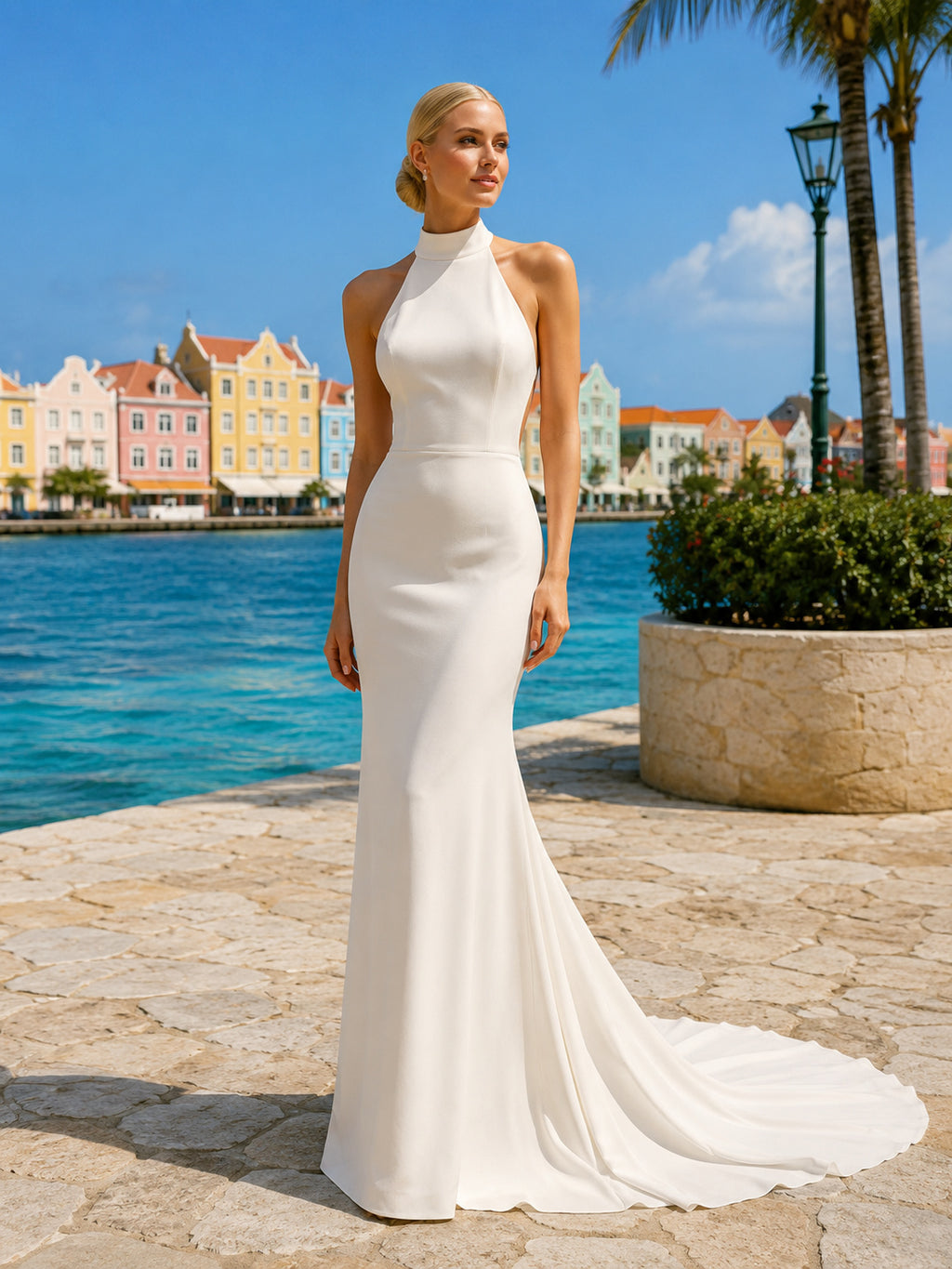 High Neck Halter Satin Sheath Low Back Sweep Train Destination Wedding Dress front view