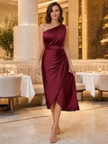 Burgundy one shoulder satin wrap midi dinner dress front view