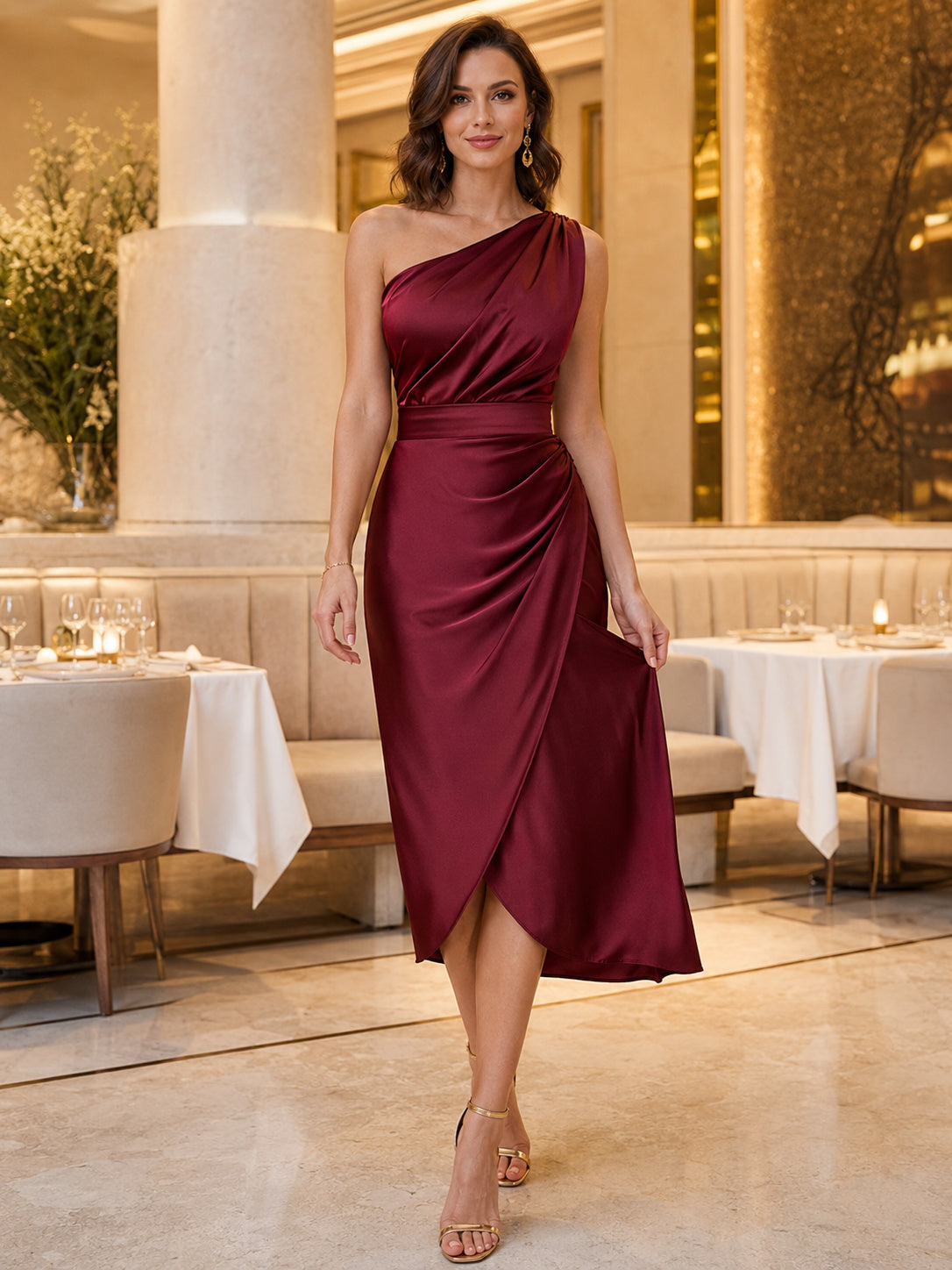 Burgundy one shoulder satin wrap midi dinner dress front view