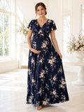 Dark Navy Floral Maternity V-Neck Flutter Sleeve Floor Length Evening Dress front view