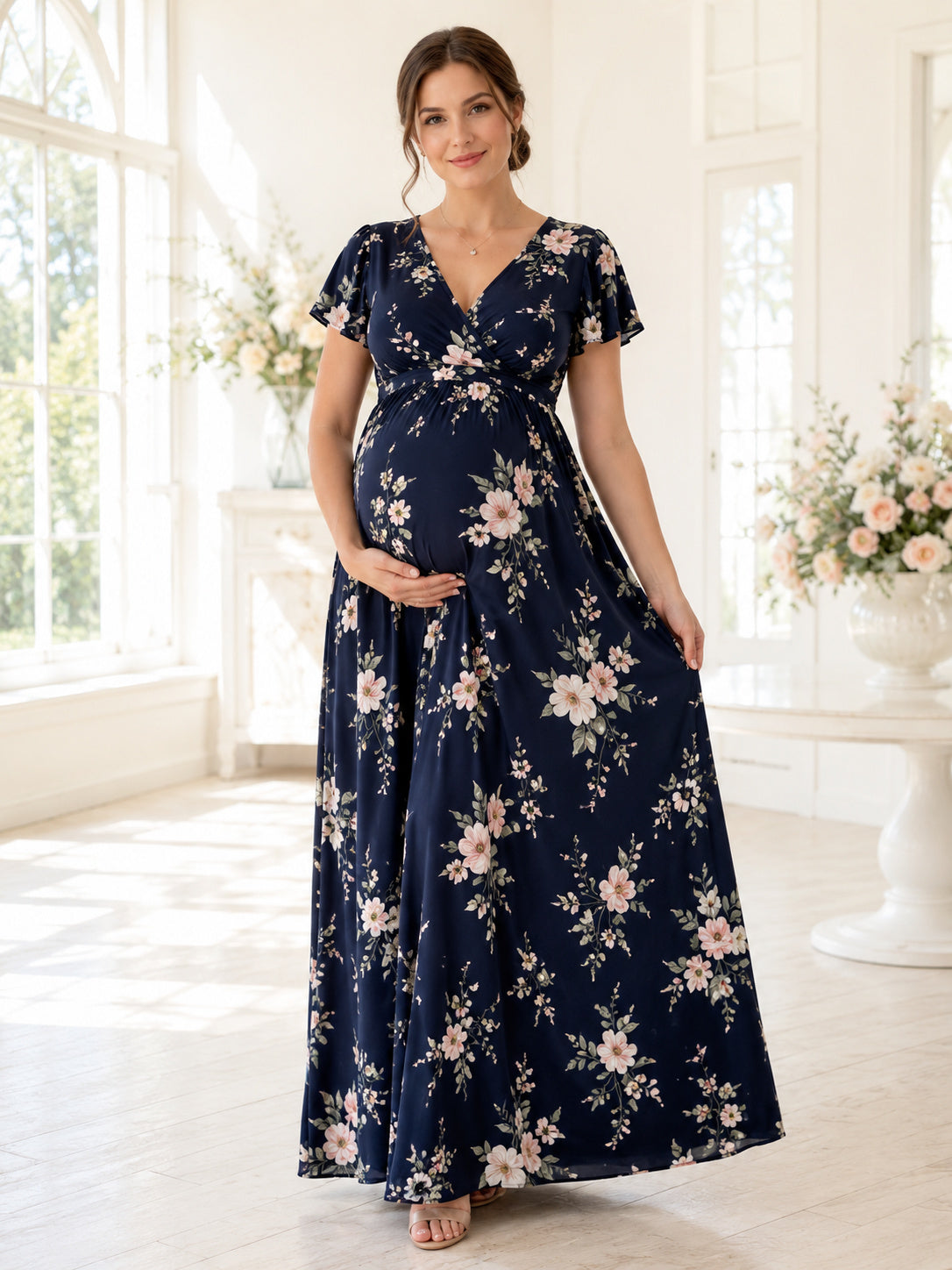 Dark Navy Floral Maternity V-Neck Flutter Sleeve Floor Length Evening Dress front view