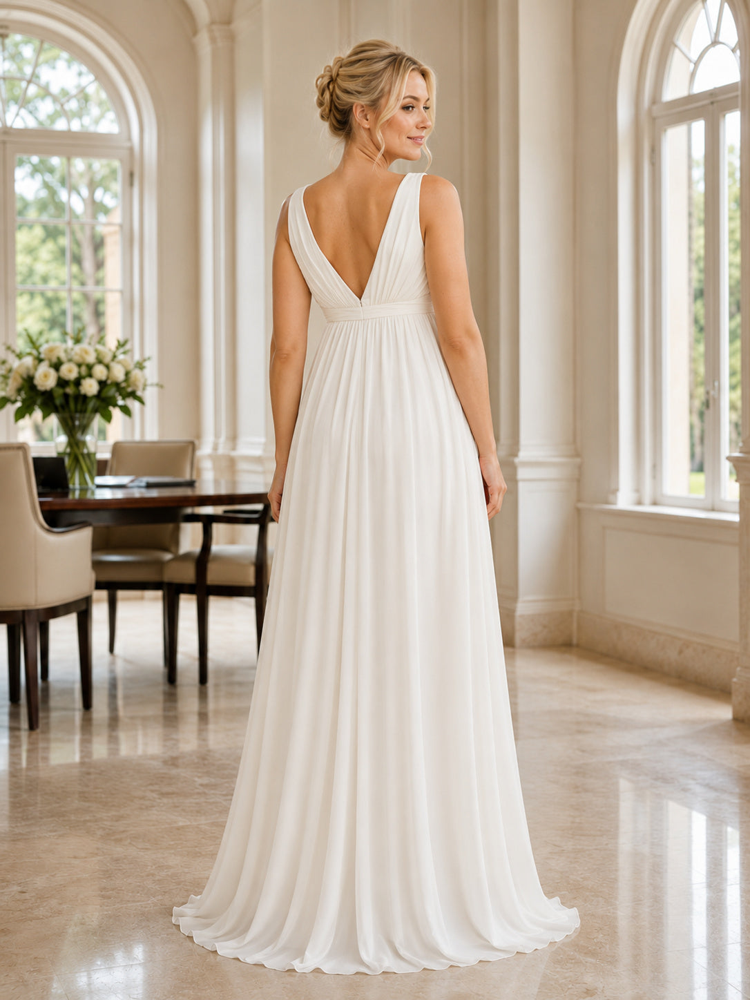 Maternity V Neck Sleeveless Chiffon Empire A-Line Floor Civil Wedding Dress back view