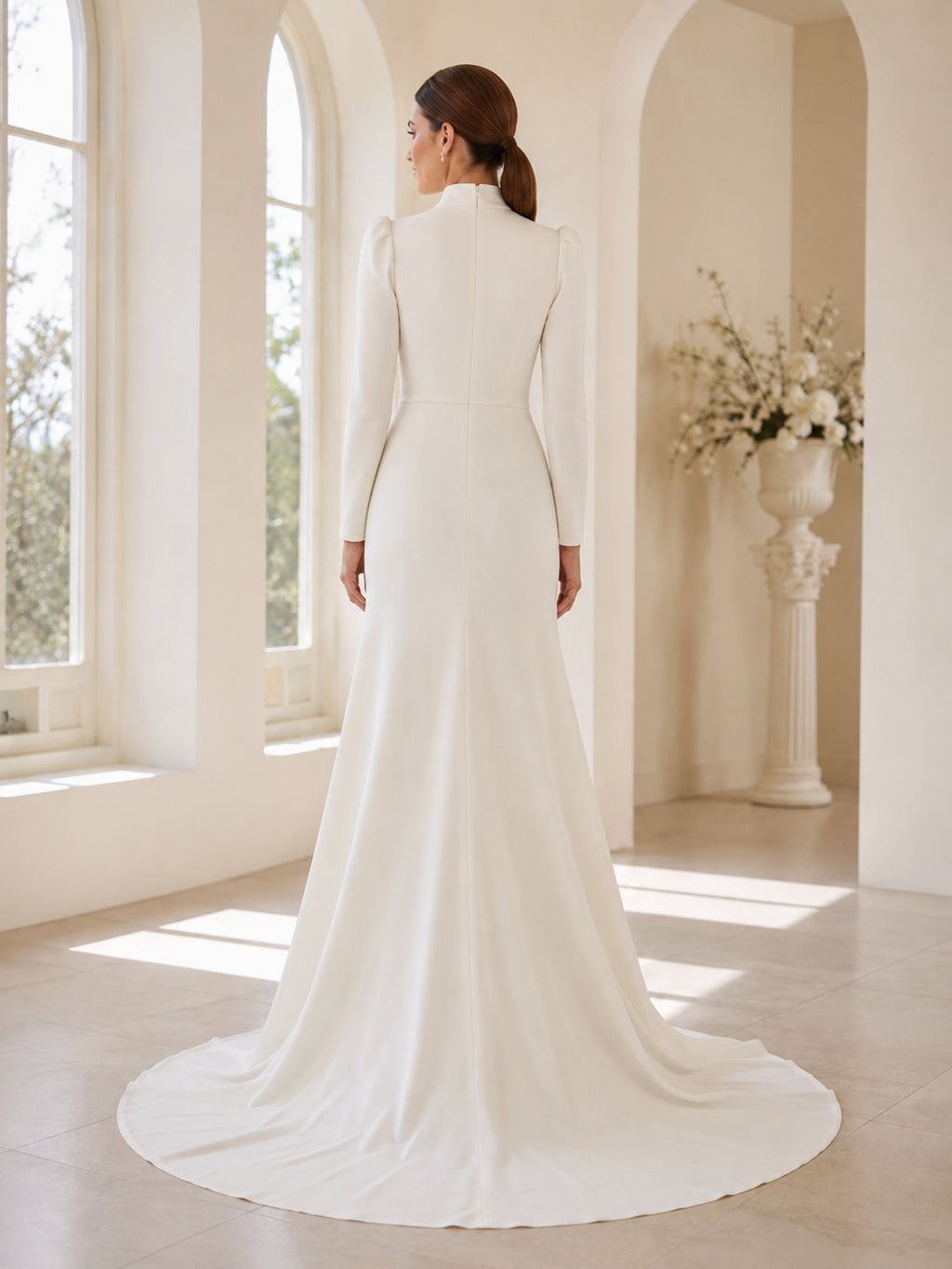 Minimalist Stretch Satin Wedding Dress Mermaid High Neck Long Sleeve Sweep Train Bridal Gown back view