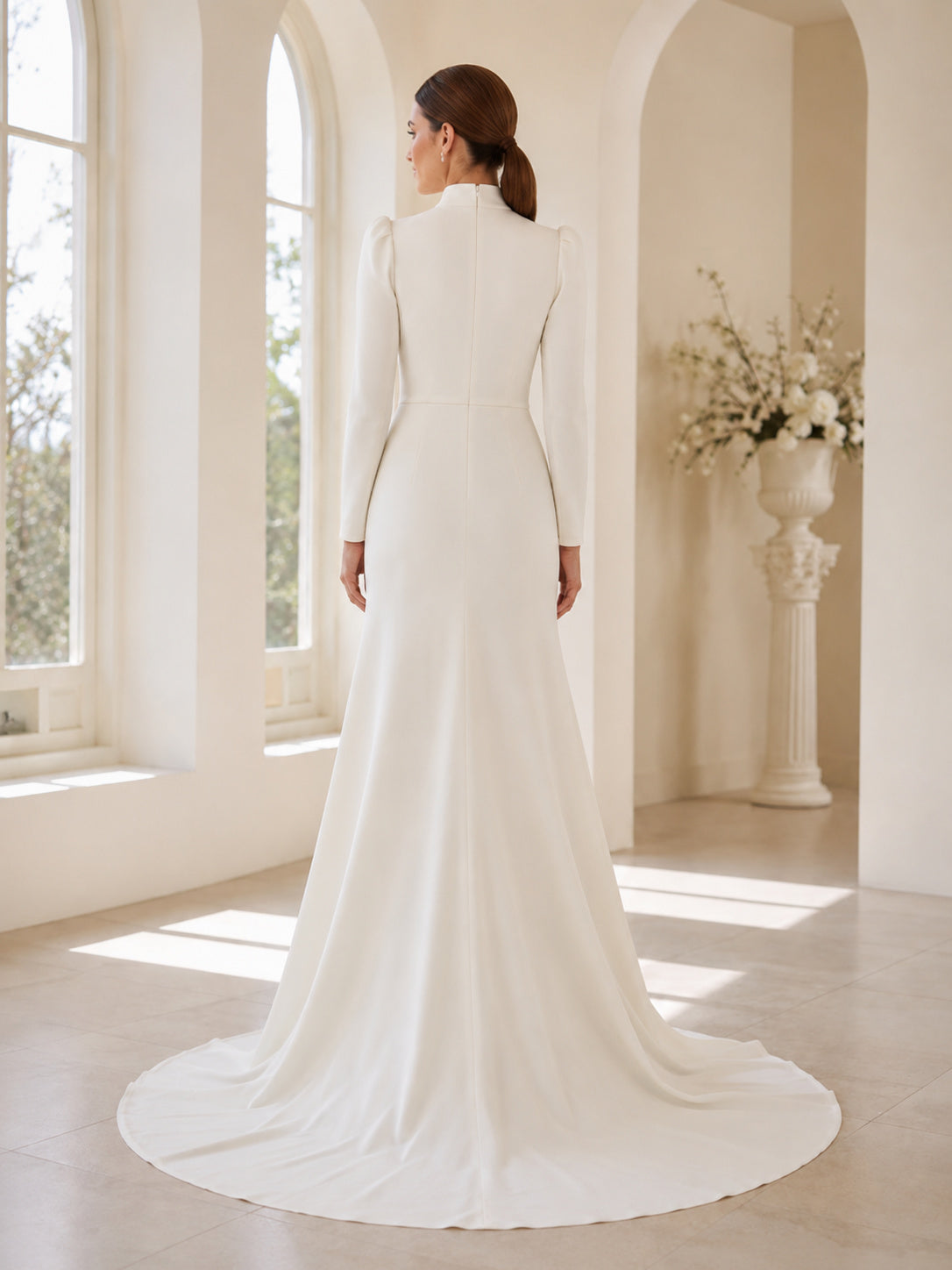 Minimalist Stretch Satin Wedding Dress Mermaid High Neck Long Sleeve Sweep Train Bridal Gown back view