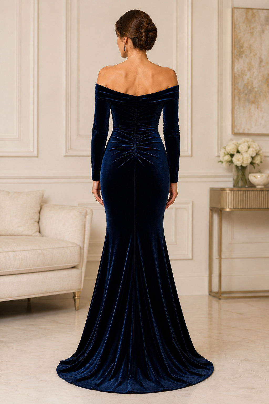 Dark Navy Off-the-Shoulder Velvet Mermaid Evening Dress with Long Sleeves and Sweep Train back view