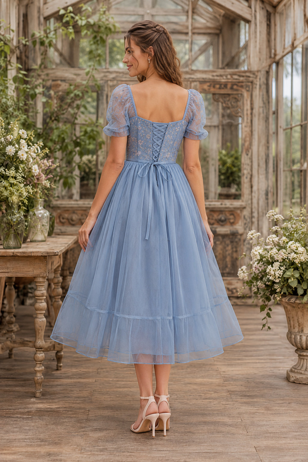 Steel Blue Square Neck Puff Sleeve Lace Bodice with Tulle Skirt Tea Length A-Line Homecoming Dress back view