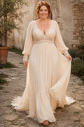 Plus Size Boho Empire Chiffon Wedding Dress with Balloon Sleeves and Tiered Skirt front view