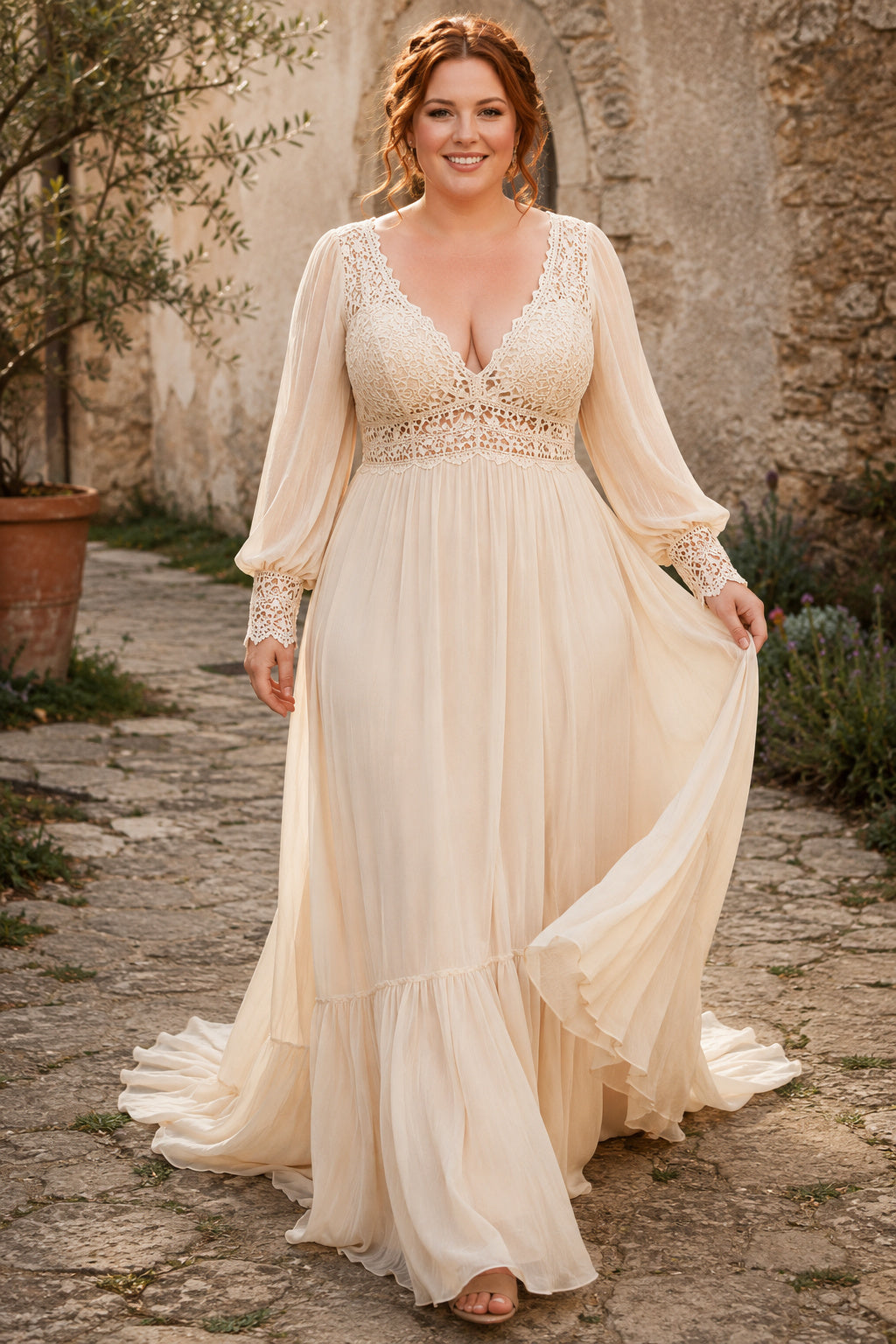 Plus Size Boho Empire Chiffon Wedding Dress with Balloon Sleeves and Tiered Skirt front view