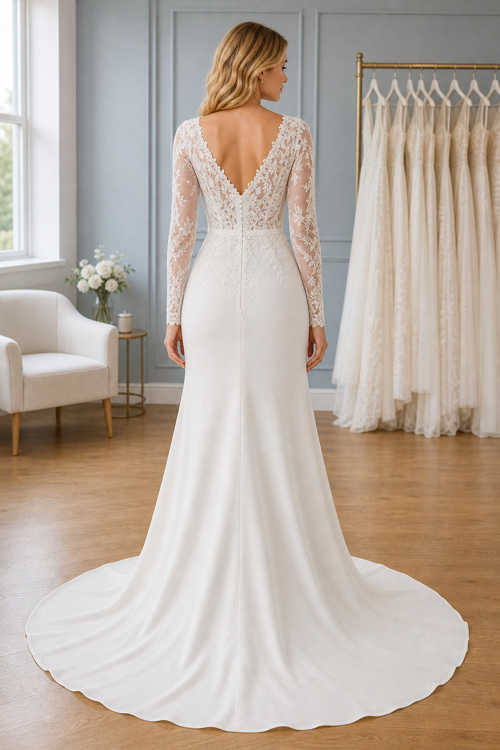 White Off-the-shoulder Long Sleeves A-Line Chiffon Floor-length Wedding Dress With Sweep Train and Open Back