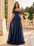 Romantic Dark Navy Chiffon Prom A Line Floor Length Off Shoulder Corset Gown front view