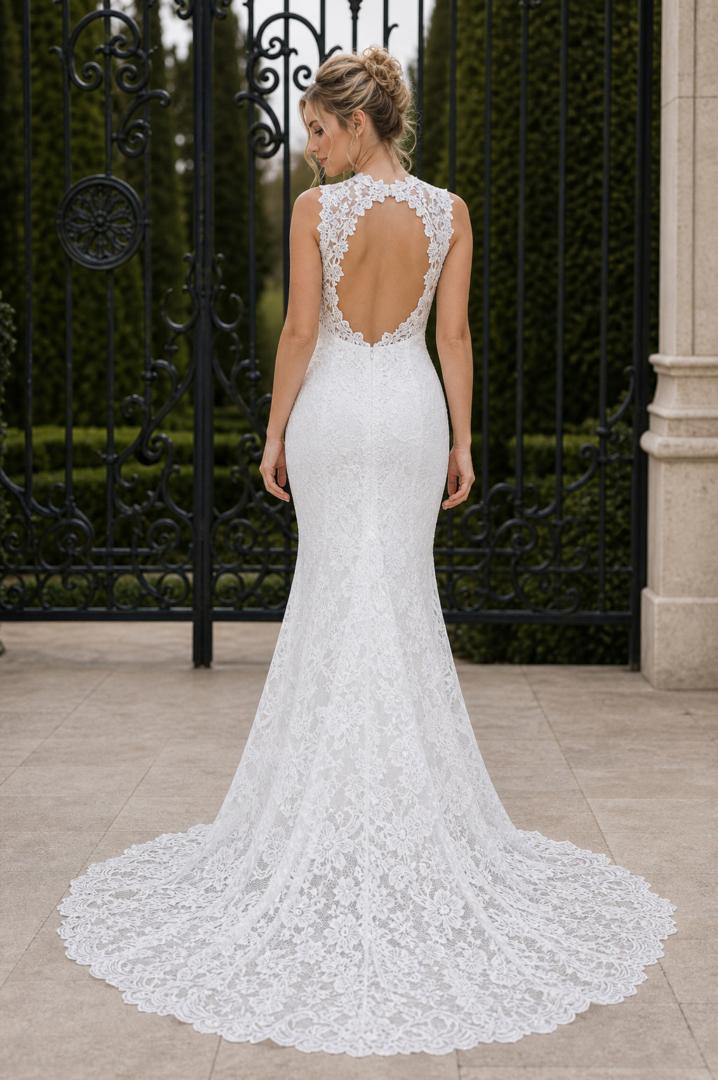 White Sweetheart Mermaid Lace Floor-length Wedding Dress With Lace and Sweep Train and Open Back