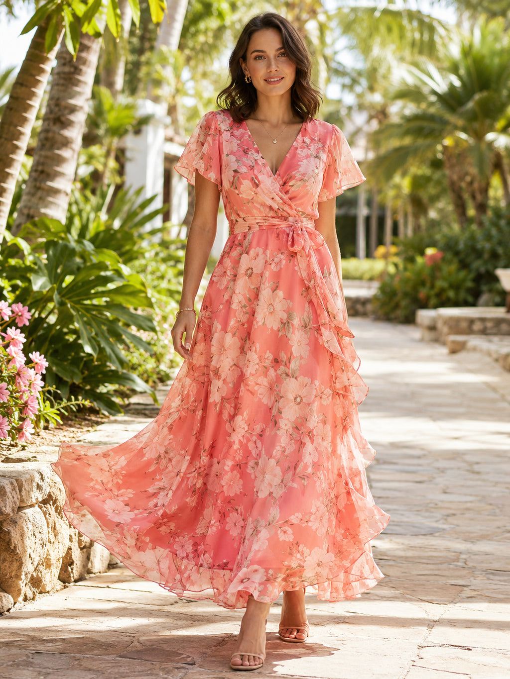 Coral Floral Print V-neck Tea-length Guest Dress front view