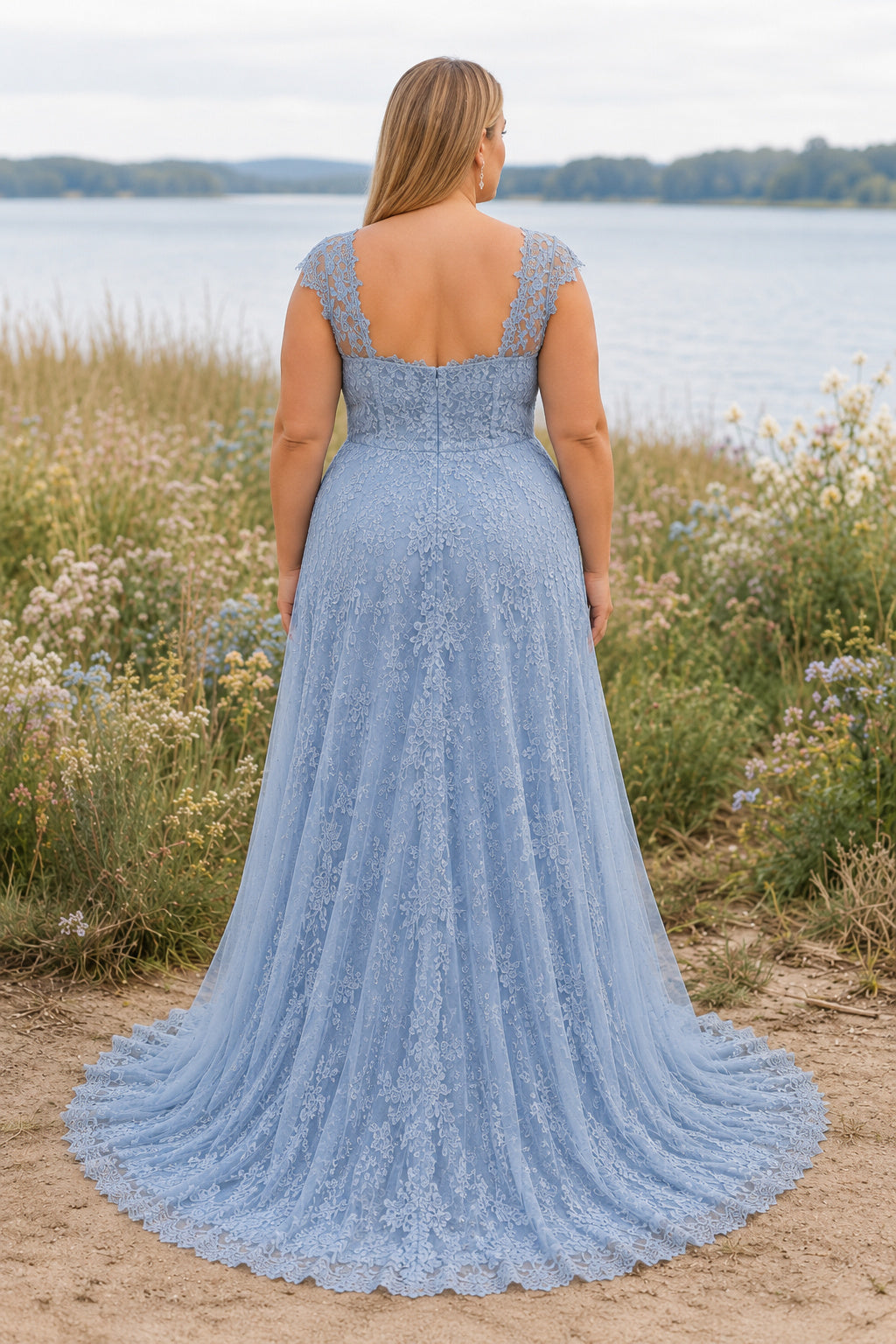 Plus Size Steel Blue V-Neck Sleeveless Lace Tulle A-Line Evening Dress with Blue Lace Overlay and Floor-Length Skirt back vie