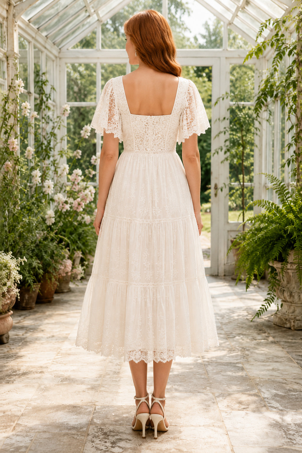 Ivory Adorable Square Neck Tea-Length A-Line Tiered Tulle Wedding Dress with Short Lace Sleeves and Tea-Length Hem back view
