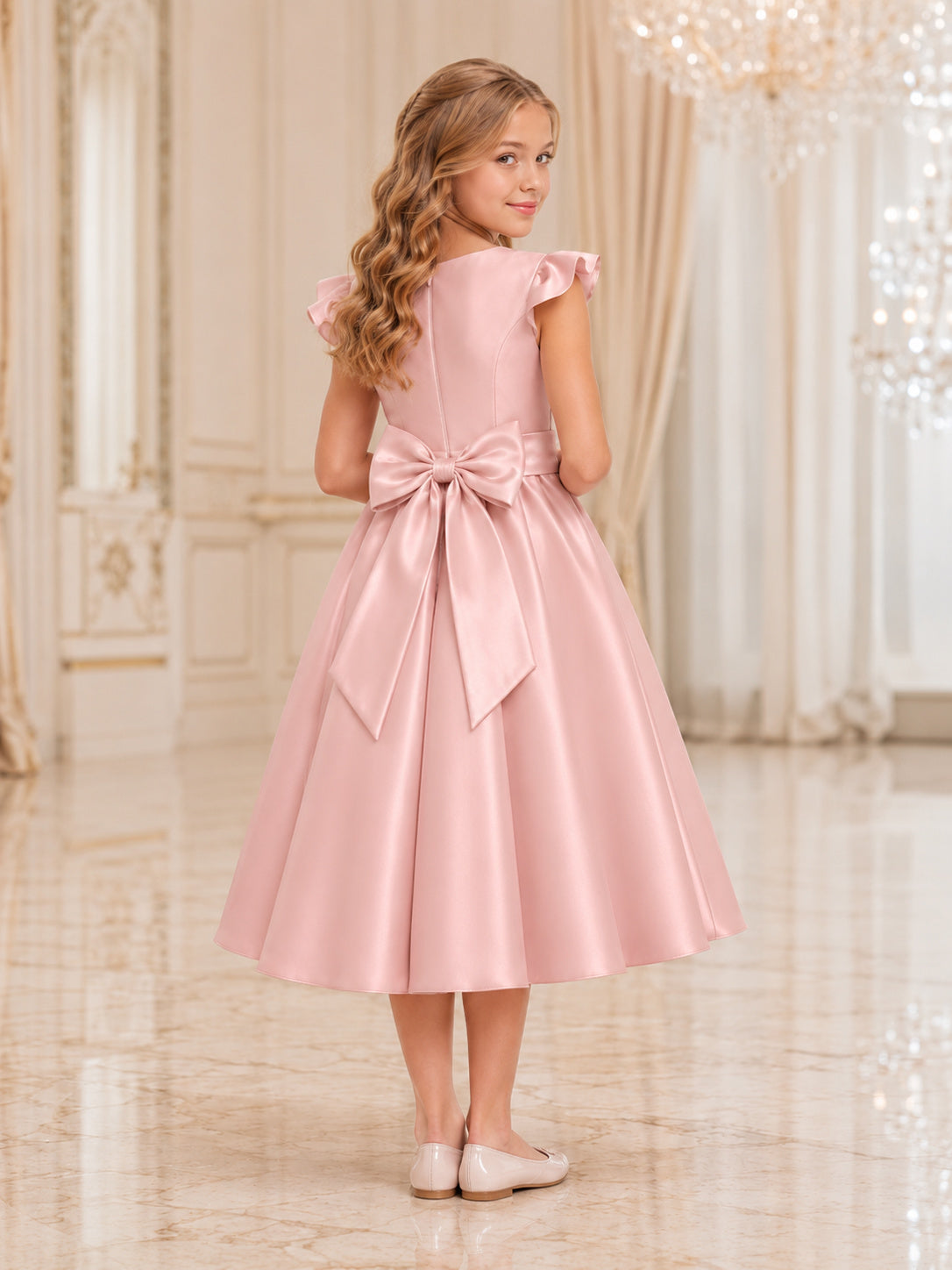 Blush Satin Ruffle Sleeve V-Neck Tea-Length A-Line Flower Girl Garden Wedding Dress With Bow back view