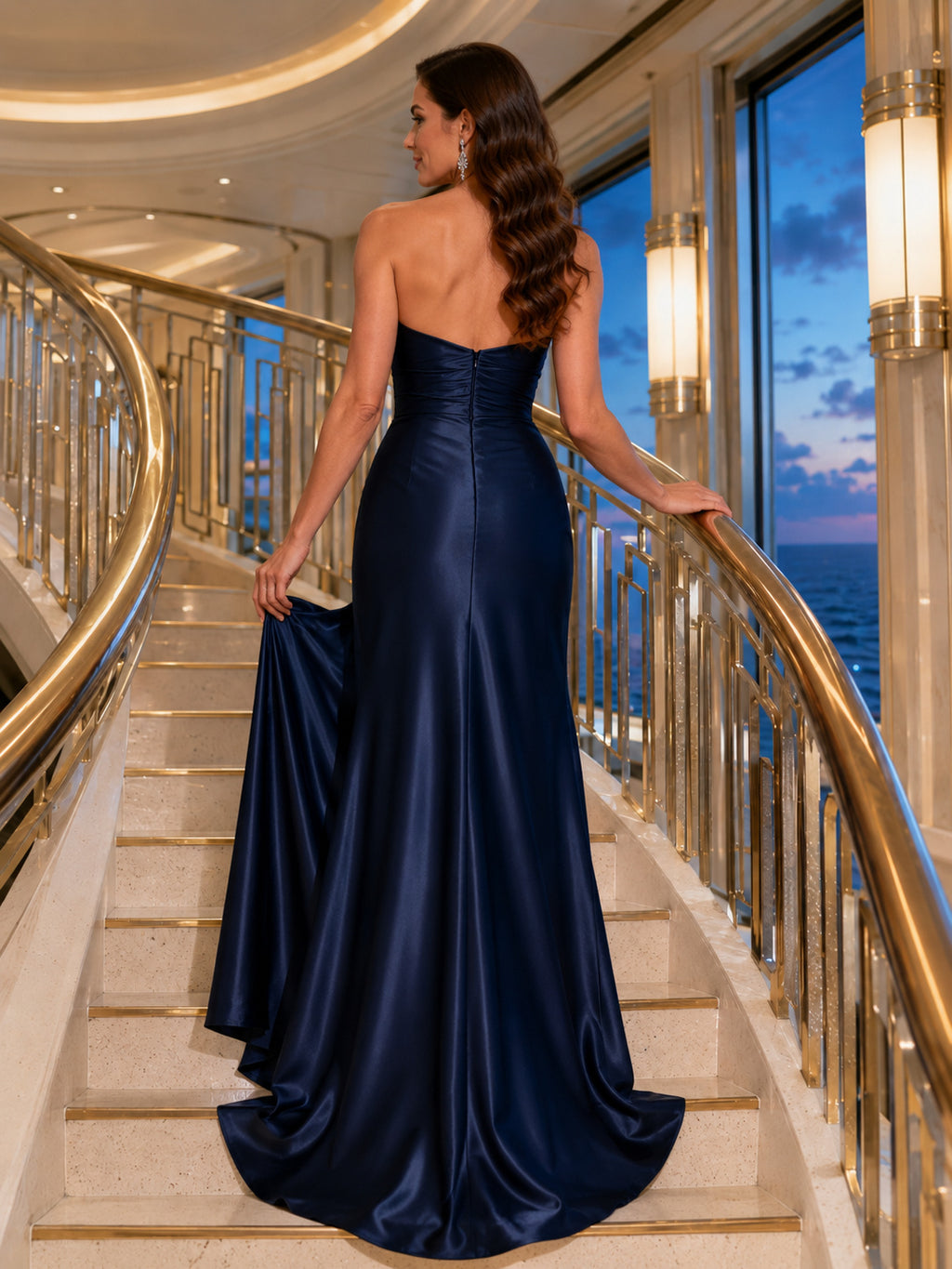 Navy Strapless Sweetheart Satin Mermaid Gown With Draped Skirt back view