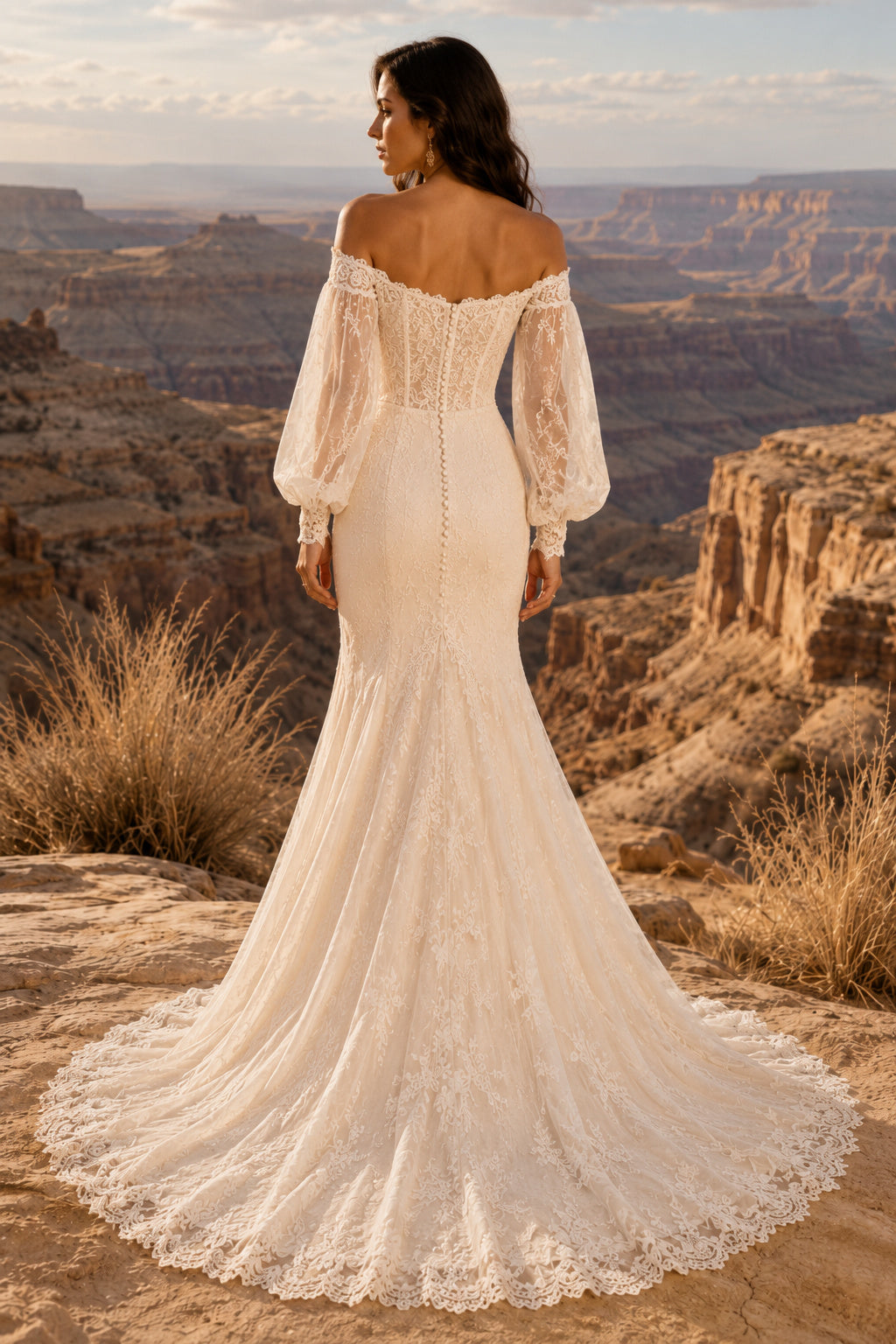 Ivory Off Shoulder Puff Sleeve Lace Mermaid Wedding Dress for Wedding Ceremony and Reception back view
