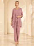 Dusty Rose Jewel Neck Three Quarter Sleeve Long Jacket Two Piece Mother Pantsuit front view