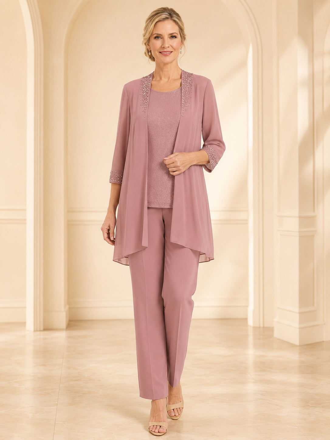 Dusty Rose Jewel Neck Three Quarter Sleeve Long Jacket Two Piece Mother Pantsuit front view