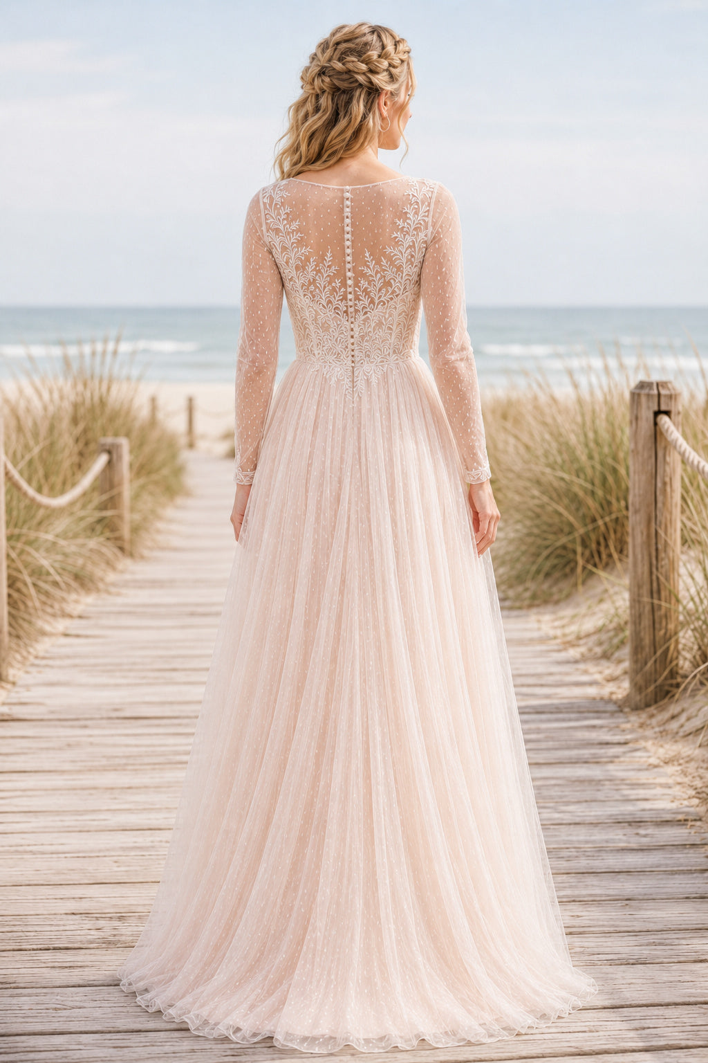 Blushing Pink High Neck Long Sleeve A-Line Wedding Dress with Soft Tulle Skirt for Beach Garden Ceremony back view
