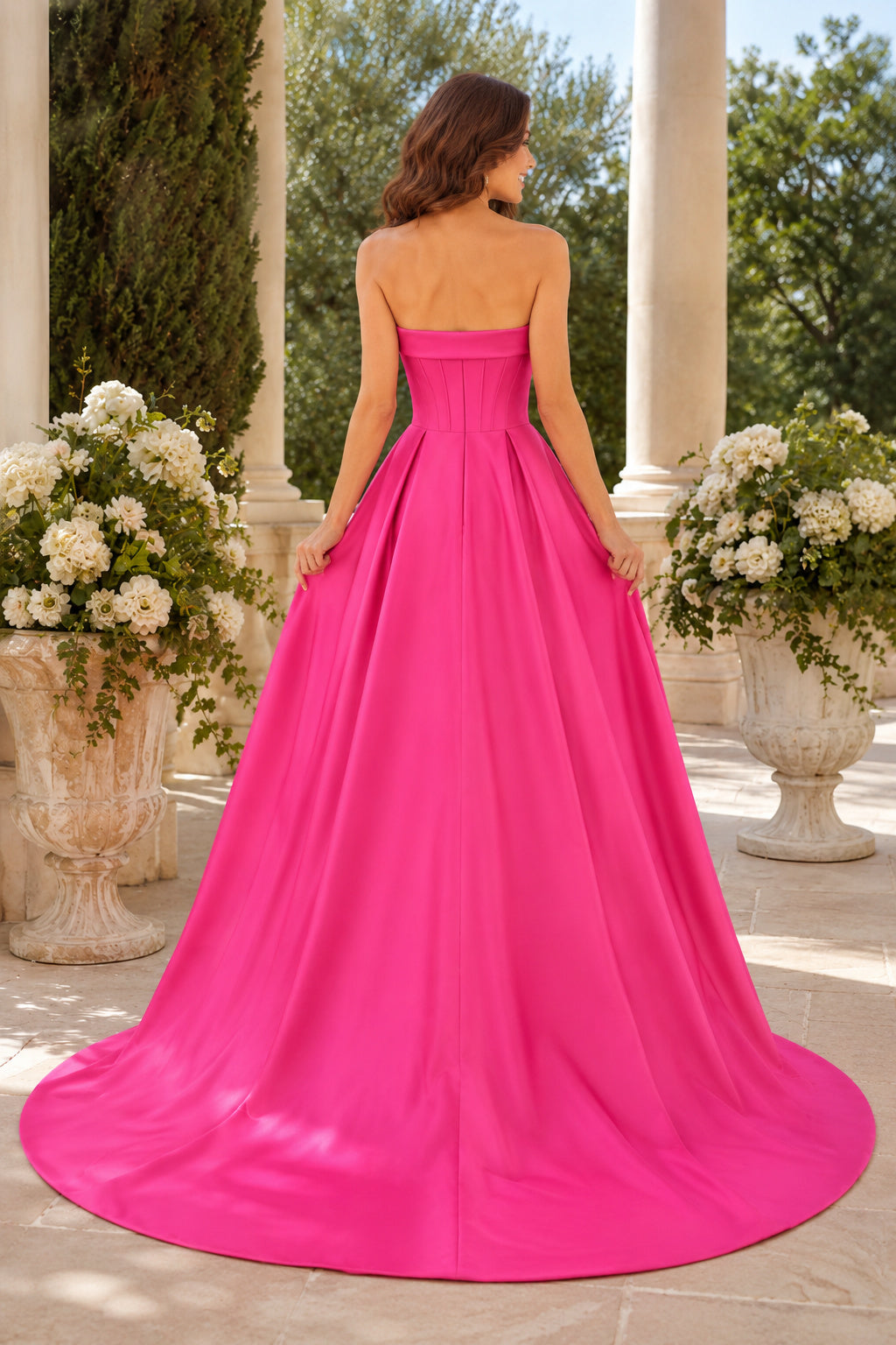 Fuchsia Strapless Satin Ball Gown with Foldover Neckline and Sweep Train back view
