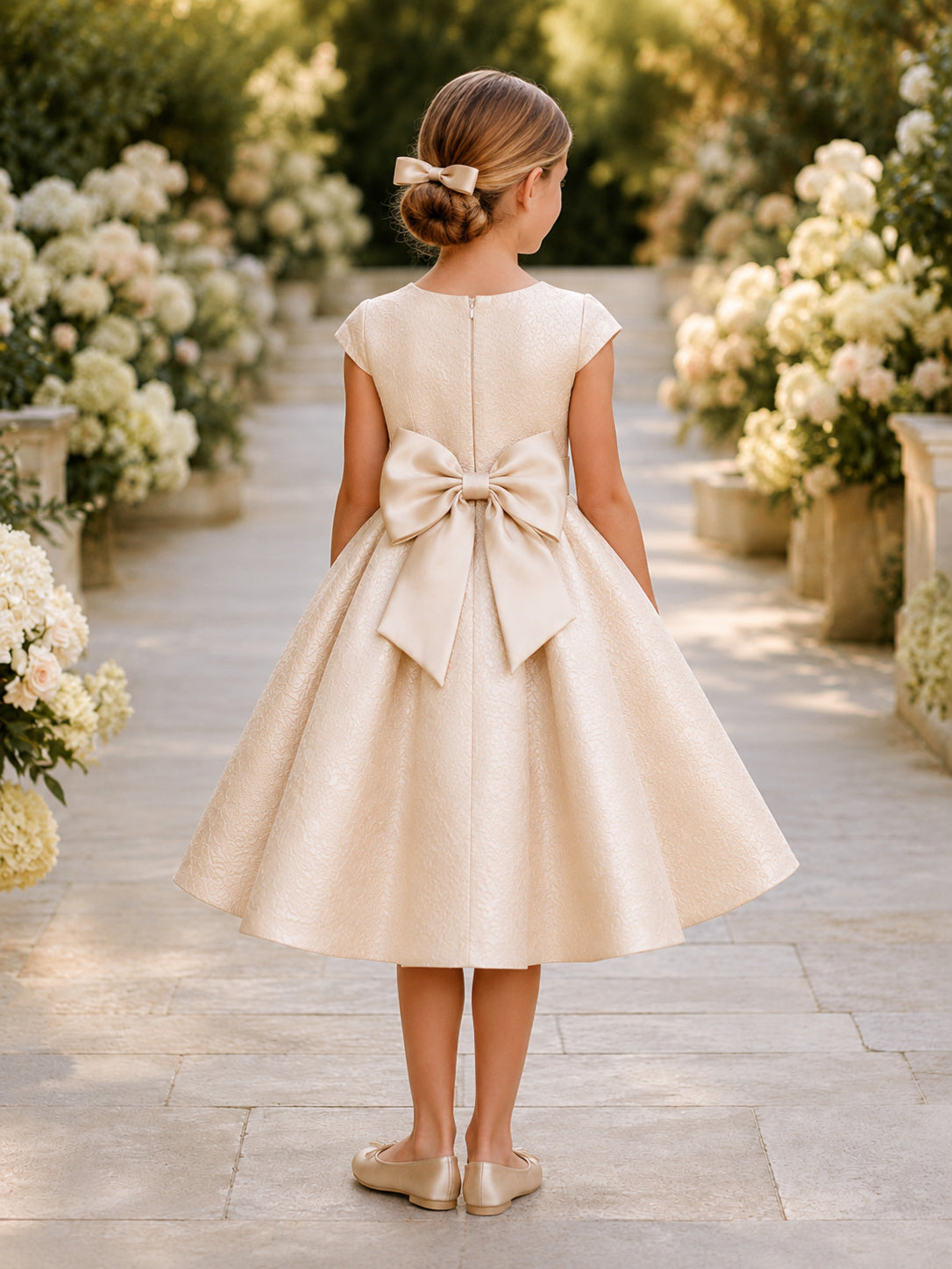 Flower Girl Dress Ivory Satin A-Line Sleeveless Jewel Neck Knee Length Bow Detail back view
