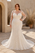 Plus Size Long Sleeve Lace Mermaid Wedding Dress with Illusion Neck front view