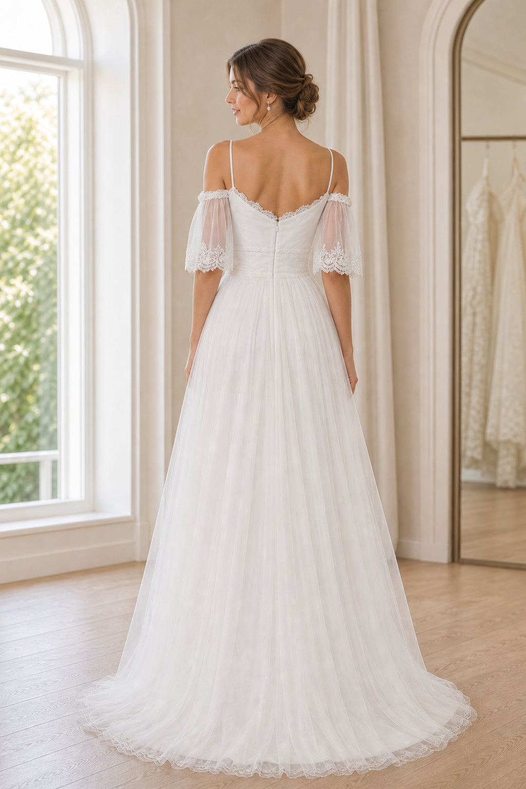 White Halter A-Line Satin Floor-length Wedding Dress With Pleated Skirt and Layered Skirt and Open Back