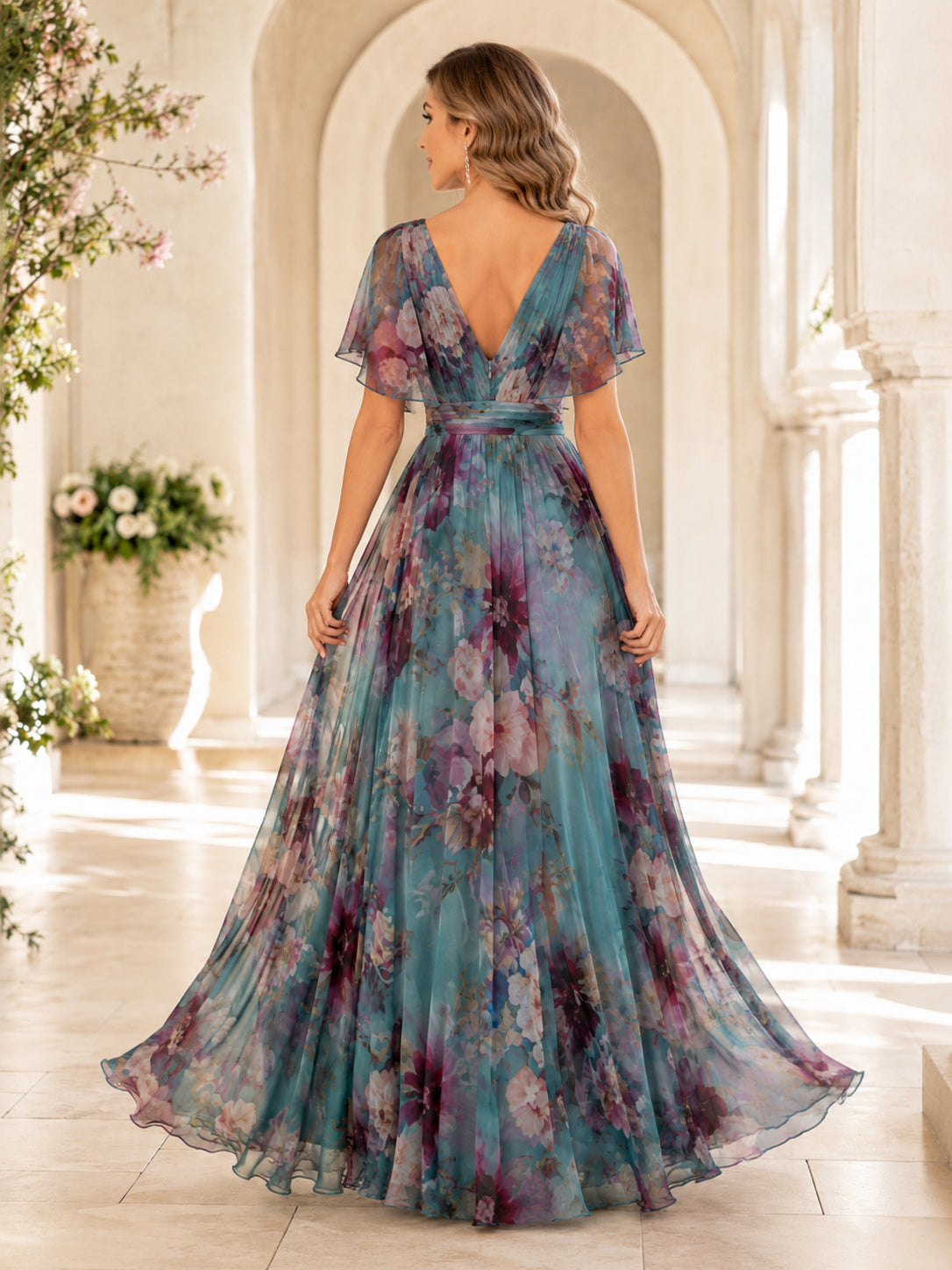 Teal Watercolor Floral V Neck Flutter Sleeve Maxi Dress back view