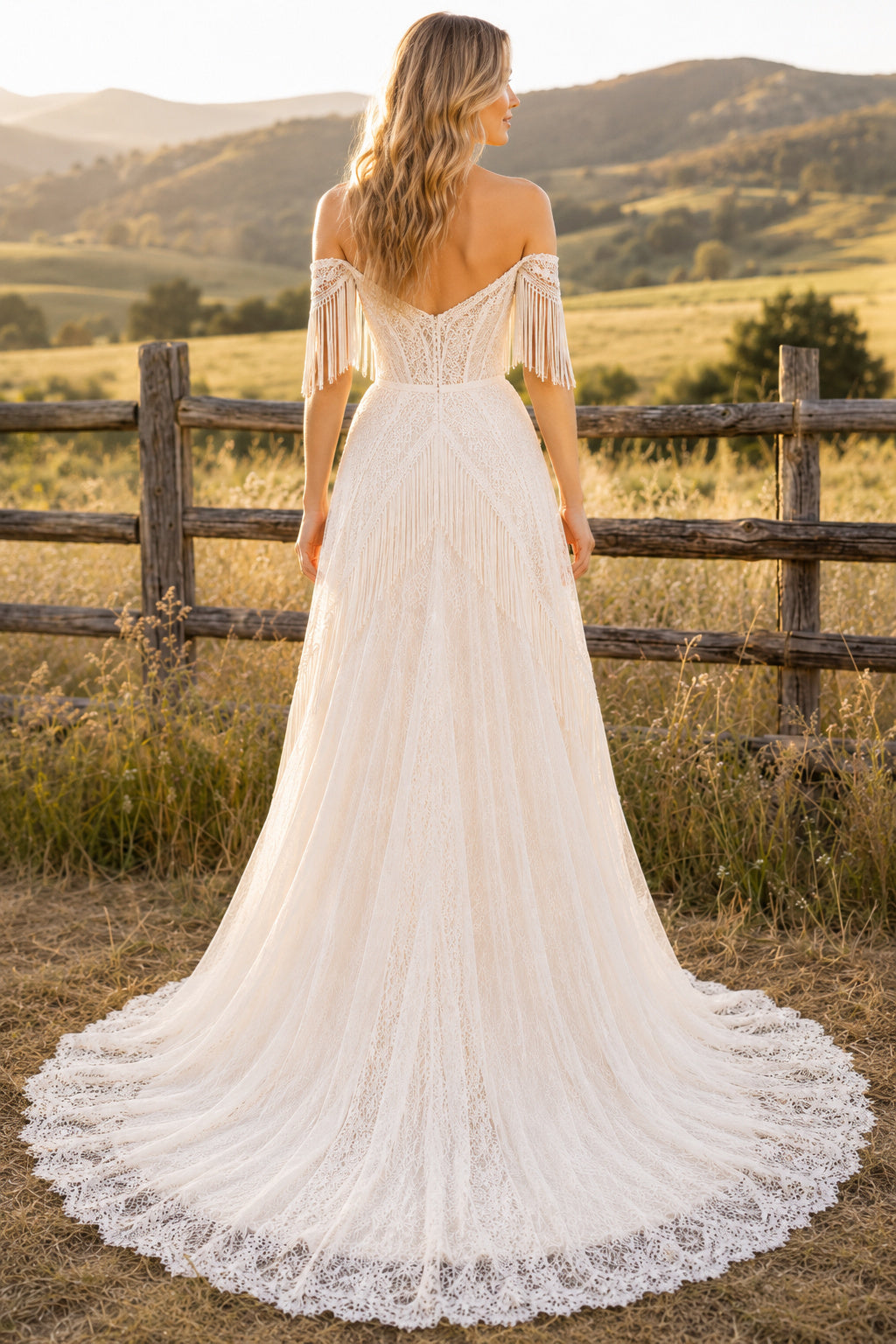 Ivory Off-the-Shoulder Lace A-Line Wedding Dress with Long Sleeves and Scalloped Train back view
